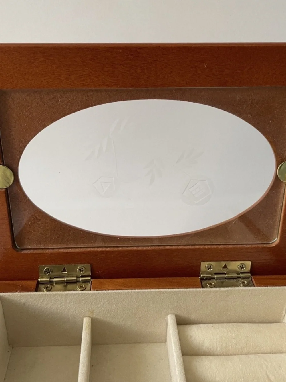 Vintage Small Wood Jewelry Box Glass Lid Etched Flower Design Trinket Box